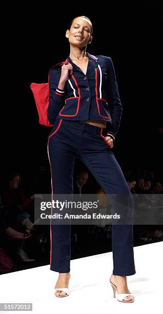 Model walks down the runway at the Enyce/Lady Enyce Spring 2005 show during the Mercedes-Benz Fashion Week at Smashbox Studios in Culver City,...