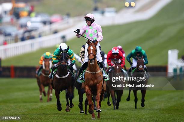 Ruby Walsh celebrates after riding Annie Power to victory in the Stan James Champion Hurdle Challenge Trophy Race on day one, Champion Day, of the...