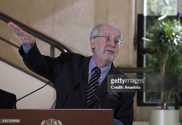 Chairman of the United Nations Commission of Inquiry on Syria Paulo Sergio Pinheiro speaks during a press conference at United Nations' office in...