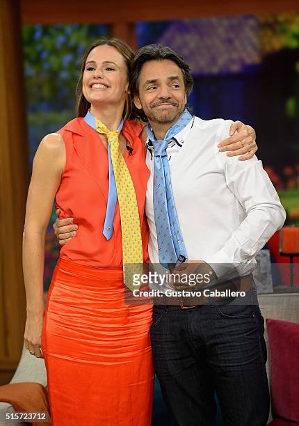 Actress Jennifer Garner and actor Eugenio Derbez on the set Of Univisions "Despierta America" to promote "Miracles From Heaven" at Univision Studios...