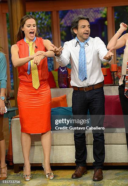 Actress Jennifer Garner and actor Eugenio Derbez on the set Of Univisions "Despierta America" to promote "Miracles From Heaven" at Univision Studios...