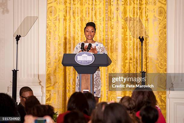 Former Olympic gymnast Dominique Dawes introduces first lady Michelle Obama to leading parenting bloggers, online influencers, and content creators...