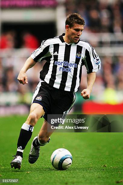 James Milner of Newcastle United in action during the Barclays Premiership match between Newcastle United and Manchester City at St James' Park on...