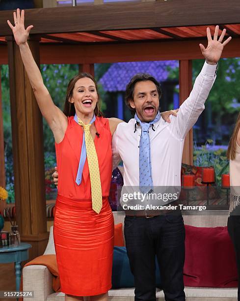 Jennifer Garner and Eugenio Derbez are seen on the set of 'Despierta America' to promote the film 'Miracles From Heaven' at Univision Studios on...