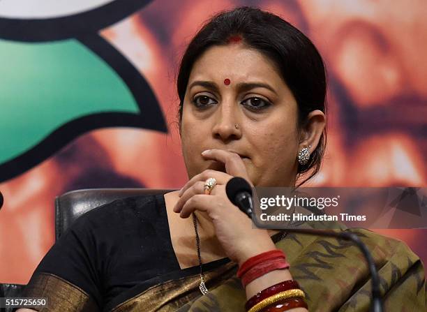 Minister Smriti Irani during the press conference at BJP Headquarters on March 15, 2016 in New Delhi, India. Union Minister Smriti Irani said that...