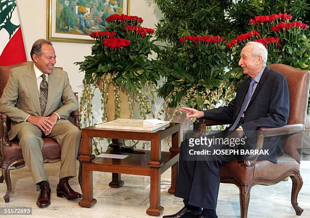 Lebanese President Emile Lahoud meets with Prime Minister-Designate Omar Karameh 26 October 2004 at the Baabda palace near Beirut. Karameh, who was...