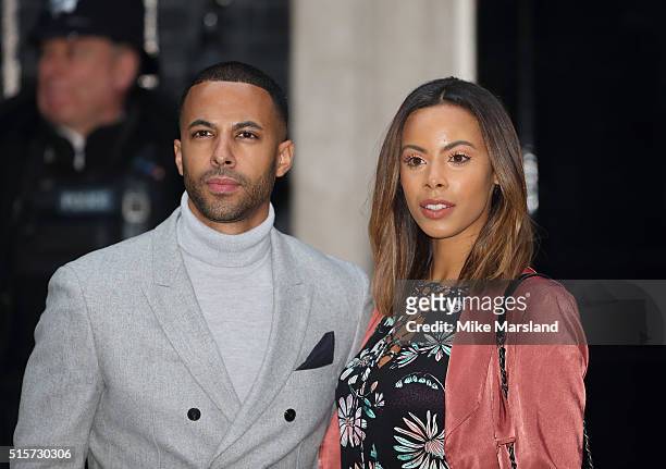 Marvin Humes and Rochelle Humes attend a reception for Sports Relief hosted by David Cameron at 10 Downing Street on March 15, 2016 in London,...