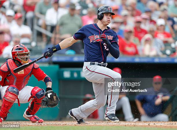 Max Kepler of the Minnesota Twins hits the ball against the St Louis Cardinals during a spring training game at Roger Dean Stadium on March 14, 2016...