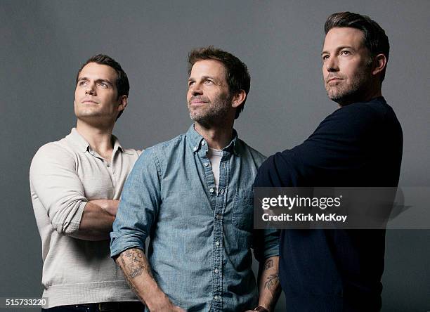 Actors Ben Affleck, Henry Cavill, and director Zack Snyder of 'Batman vs. Superman' are photographed for Los Angeles Times on February 29, 2016 in...