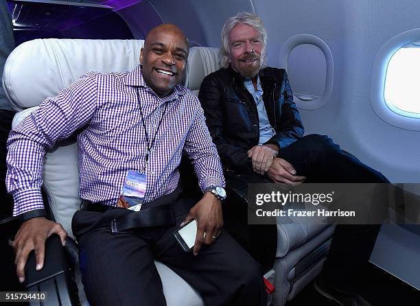 Mayor of Denver Michael B. Hancock and CEO of the Virgin group Sir Richard Branson attends Virgin America's San Francisco to Denver service Lauch on...