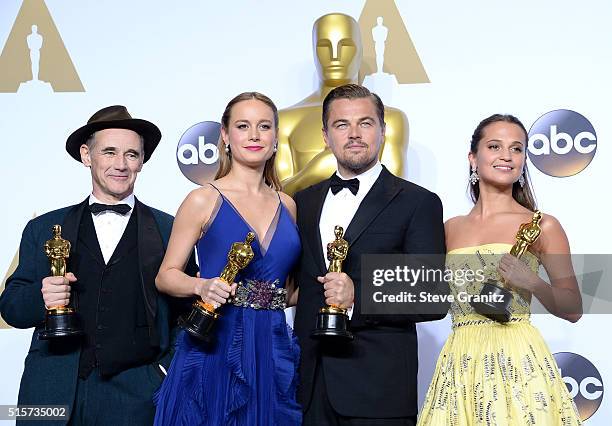 Actor Mark Rylance, winner of the award for Best Actor in a Supporting Role for 'Bridge of Spies'; actress Brie Larson, winner of the award for Best...