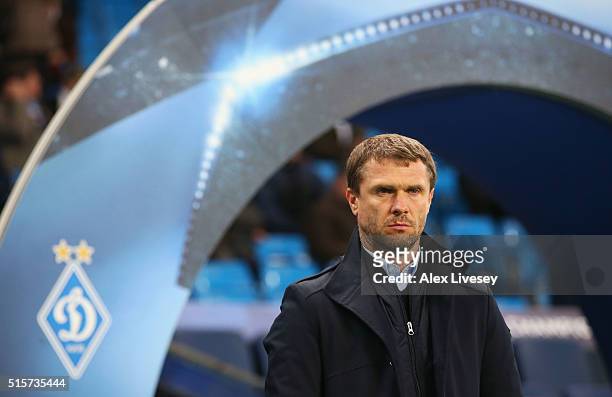 Serhiy Rebrov head coach of Dynamo Kiev looks on prior to the UEFA Champions League round of 16 second leg match between Manchester City FC and FC...