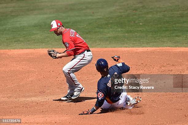 Carlos Gomez of the Houston Astros is out at second base as Scott Sizemore of the Washington Nationals makes a throw to first base during the second...