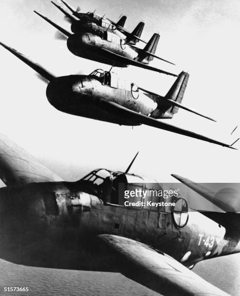 Formation of US Navy Avenger planes, the versatile torpedo-bombers which have proved highly effective against the Japanese naval force in the...