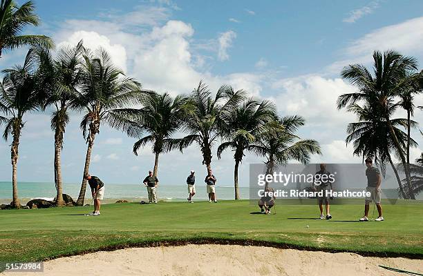 The English team test out the 16th green during practice for the Eisenhower trophy, The World Amateur Team Championships, held at The Westin Rio Mar...