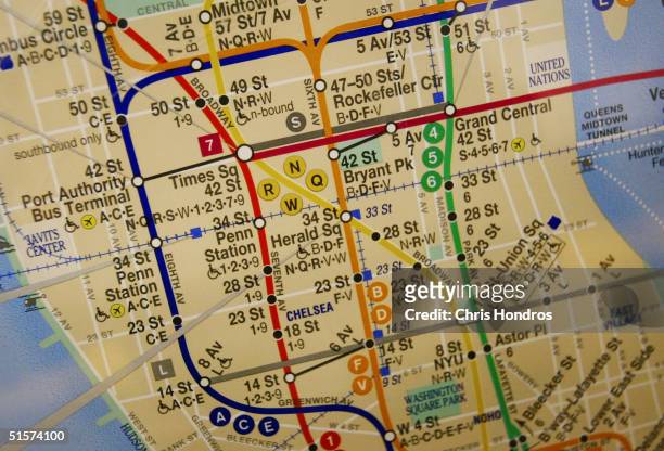 Subway map is hangs in a subway car October 26, 2004 in New York City. The New York City subway system opened 100 years ago on October 27 when the...