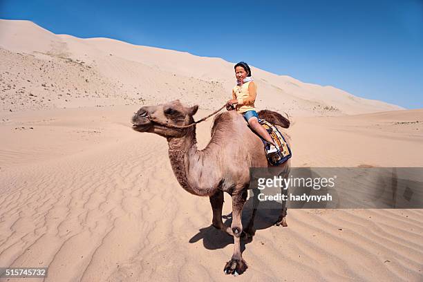 mongolian girl riding on the camel, gobi desert - mongolsk kultur bildbanksfoton och bilder