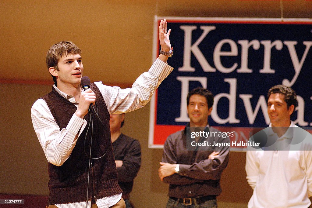 Actor Ashton Kutcher speaks in support of Democratic presidential