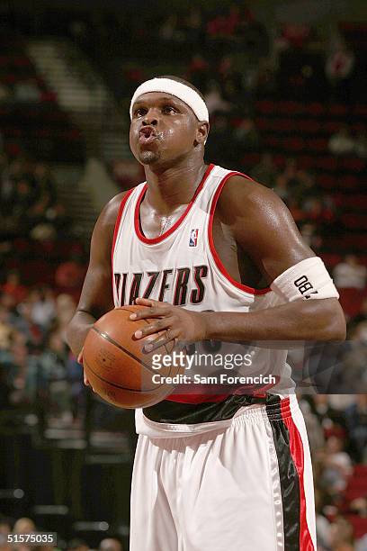 Zach Randolph of the Portland Trail Blazers shoots a free throw against the Charlotte Bobcats during the preseason game at the Rose Garden on October...