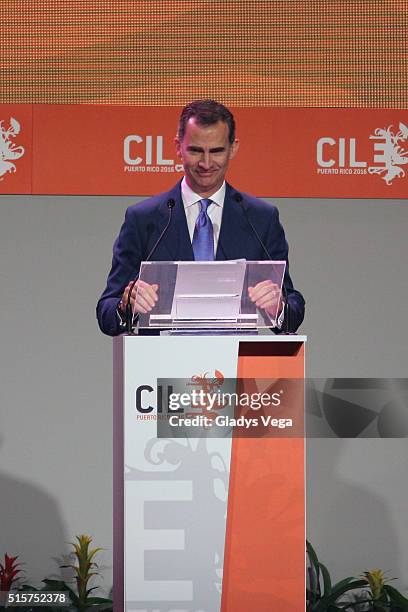 King Felipe VI of Spain talks as part of Inauguration Act of VII Congreso Internacional de la Lengua Espanola at Puerto Rico Convention Center on...