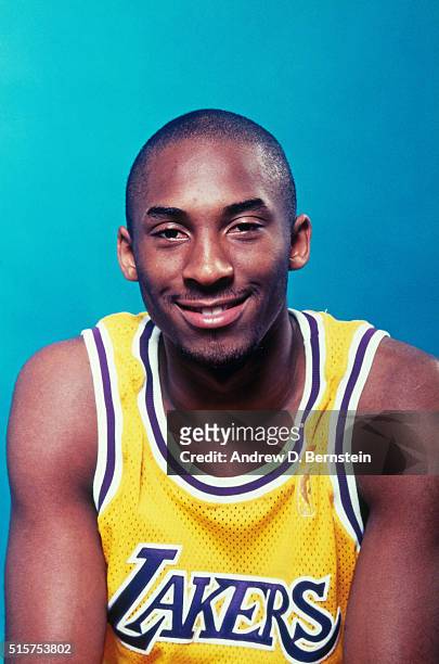 Kobe Bryant of the Los Angeles Lakers poses for a portrait during media day on October 1, 1996 at the Great Western Forum in Inglewood, California....