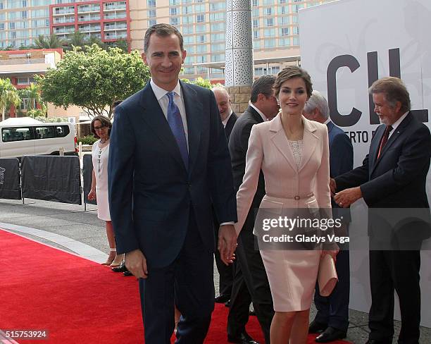 King Felipe VI of Spain and Queen Letizia of Spain arrive to the Inauguration of VII Congreso Internacional de la Lengua Espanola at Puerto Rico...