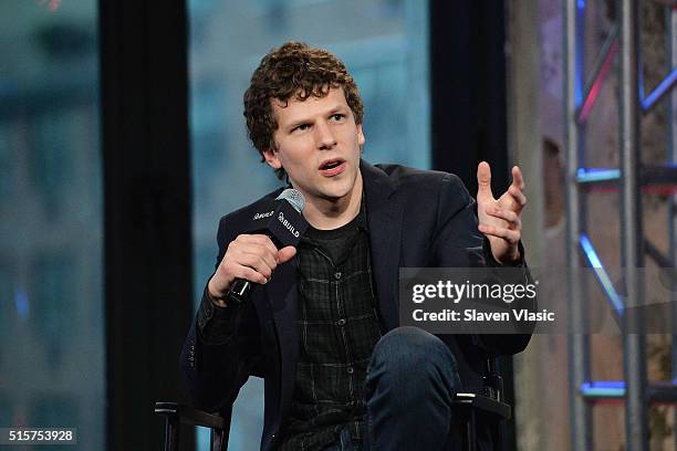 Jesse Eisenberg discusses the new film 'Batman v Superman: Dawn of Justice' in which he plays Lex Luthor at AOL Build Speaker Series at AOL Studios...