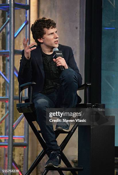 Jesse Eisenberg discusses the new film 'Batman v Superman: Dawn of Justice' in which he plays Lex Luthor at AOL Build Speaker Series at AOL Studios...