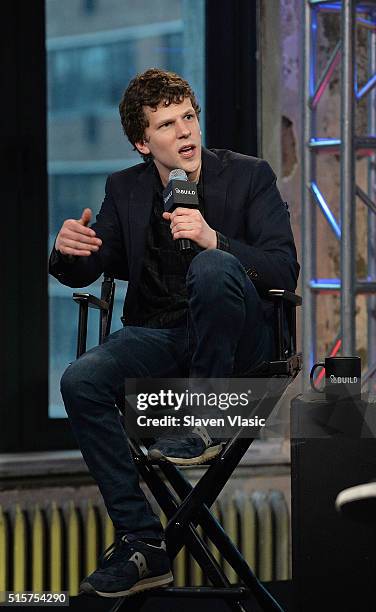 Jesse Eisenberg discusses the new film 'Batman v Superman: Dawn of Justice' in which he plays Lex Luthor at AOL Build Speaker Series at AOL Studios...