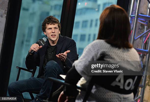 Jesse Eisenberg discusses the new film 'Batman v Superman: Dawn of Justice' in which he plays Lex Luthor at AOL Build Speaker Series at AOL Studios...