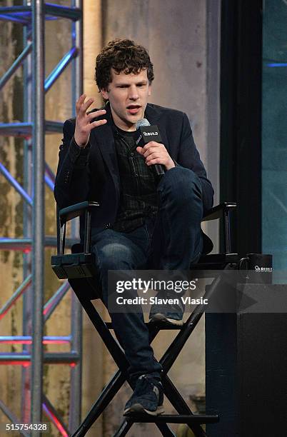 Jesse Eisenberg discusses the new film 'Batman v Superman: Dawn of Justice' in which he plays Lex Luthor at AOL Build Speaker Series at AOL Studios...