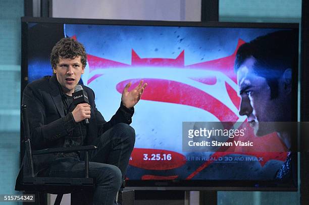 Jesse Eisenberg discusses the new film 'Batman v Superman: Dawn of Justice' in which he plays Lex Luthor at AOL Build Speaker Series at AOL Studios...
