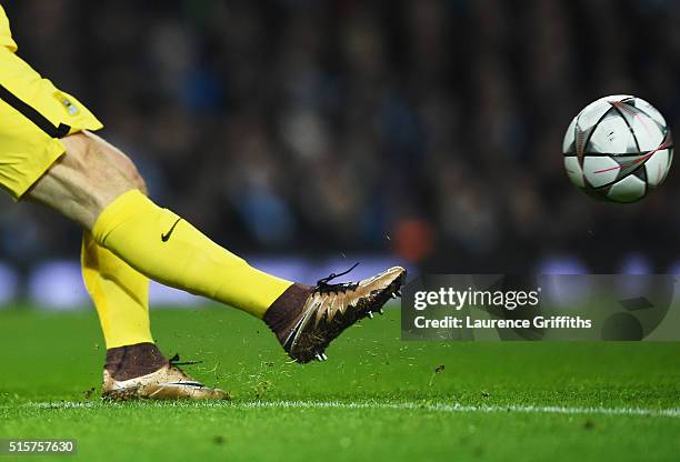 Joe Hart of Manchester City clears the ball during the UEFA Champions League round of 16 second leg match between Manchester City FC and FC Dynamo...