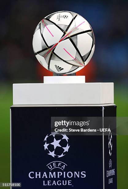 The match ball on a plinth prior to the UEFA Champions League Round of 16 second leg match between Manchester City and FC Dynamo Kyiv at Etihad...