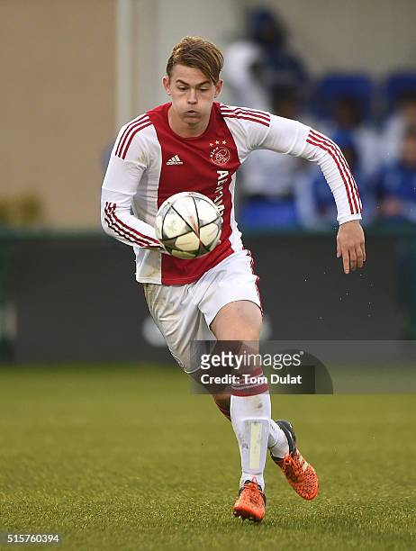 Matthijs de Ligt of Ajax in action during the UEFA Youth League quarter final match between Chelsea and Ajax at Chelsea Training Ground on March 15,...