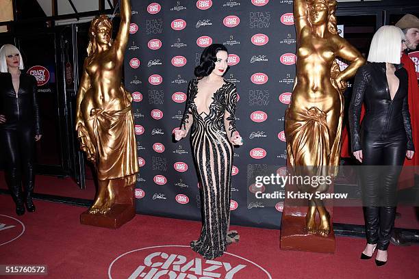 Dita Von Teese attends the "Dita Von Teese's Crazy Show" opening night photocall at Le Crazy Horse on March 15, 2016 in Paris, France.