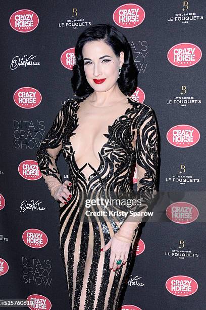 Dita Von Teese attends the "Dita Von Teese's Crazy Show" opening night photocall at Le Crazy Horse on March 15, 2016 in Paris, France.