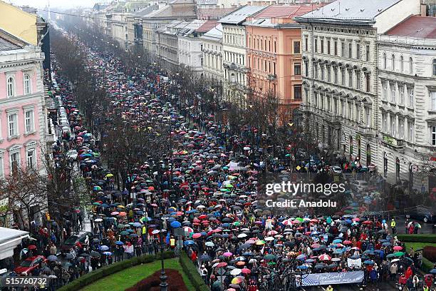 Protesters, mostly including students, academics march during an anti-government protest demanding the withdrawal of government's education reform...