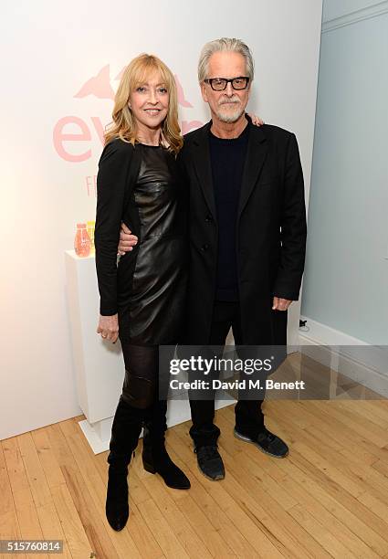 Sharon Maughan and Trevor Eve arriving at the launch of Evian's new Fruits & Plants flavour range at iconic London store LIBERTY on March 15, 2016 in...