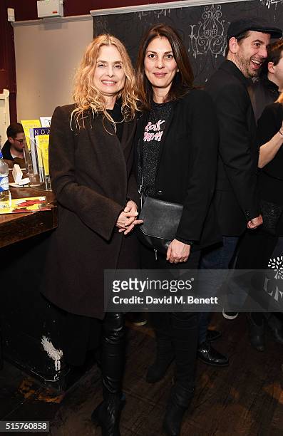 Maryam d'Abo and Gina Bellman attend the press night performance of "Not Moses" at The Arts Theatre on March 15, 2016 in London, England.