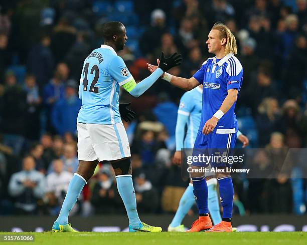 Yaya Toure of Manchester City and Domagoj Vida of Dynamo Kiev shake hands after the UEFA Champions League round of 16 second leg match between...