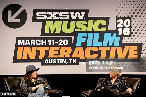 Director/producer Athina Rachel Tsangari and producer Sarah Green speak onstage at 'A Conversation with Sarah Green' during the 2016 SXSW Music, Film...