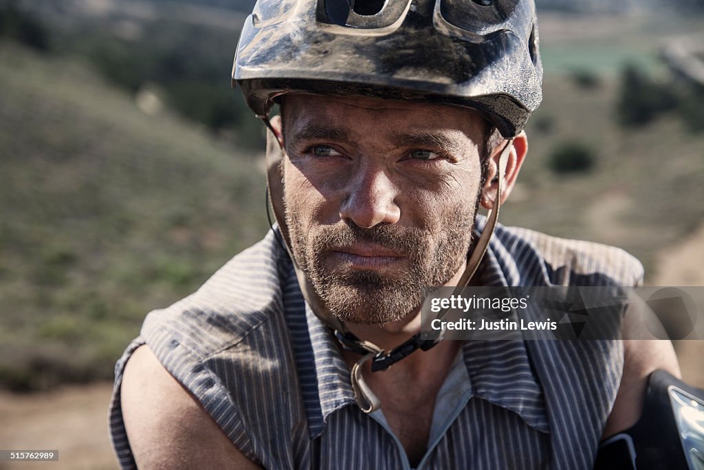 Mountain Bike Man, Closeup, Gritty Tech Gear