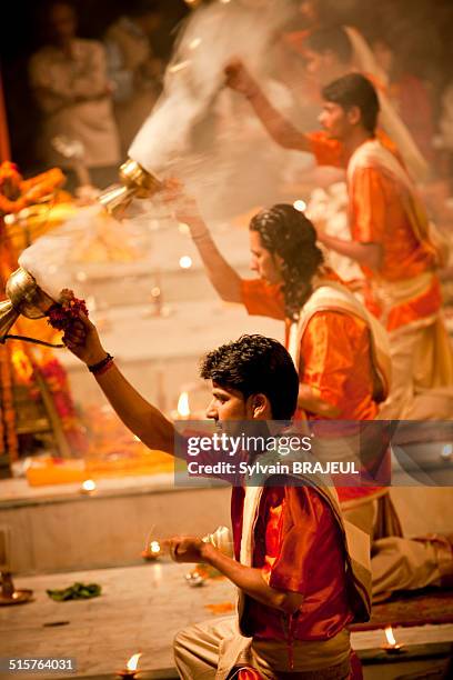 The evening puja, an Hindu ritual, on the dasaswamedh ghat, on the bank of the Ganges river, Varanasi, Uttar Pradesh, India.