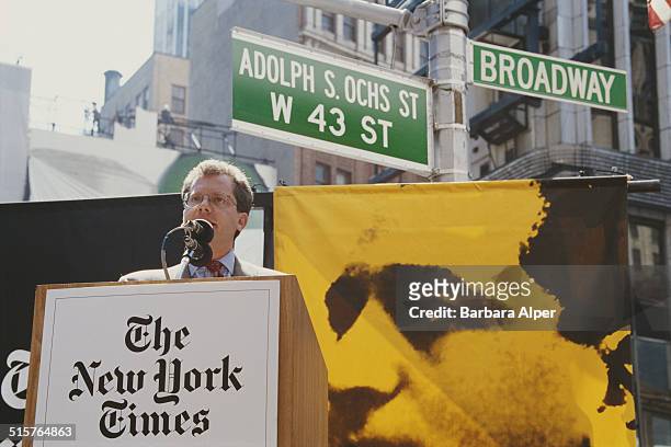 Arthur Ochs Sulzberger, Jr., publisher of The New York Times, addresses the crowd during the renaming of a block of West 43rd Street, New York City,...