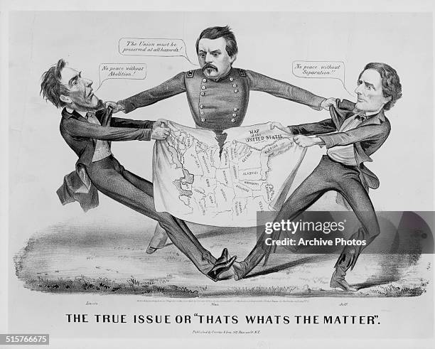 Political cartoon depicting Abraham Lincoln and Jefferson Davis fighting over a map of the United States, with George B. McClellan trying to stop...