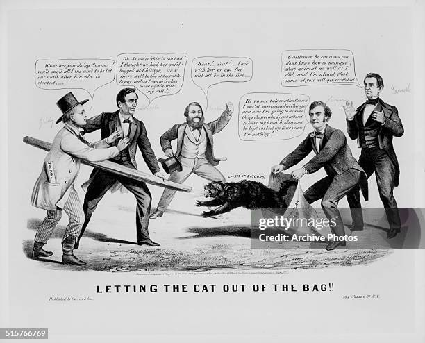 Political cartoon depicting Abraham Lincoln attempting to stop the 'spirit of discord' cat getting out of the bag, circa 1864.