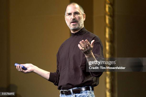 Steve Jobs of Apple Computer celebrates the release of a new Apple iPod family of products at the California Theatre on October 26, 2004 in San Jose...