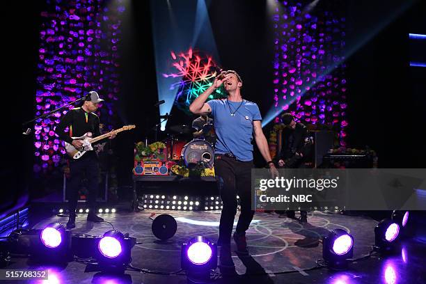 Episode 0433 -- Pictured: Jonny Buckland, Will Champion, Chris Martin, and Guy Berryman of musical guest Coldplay perform on March 15, 2016 --