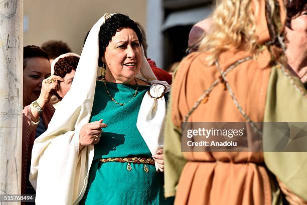 Performers from the "Gruppo Storico Romano" take part in a show, reenacting the assassination of Julius Caesar in Rome, Italy on March 16, 2016 to...